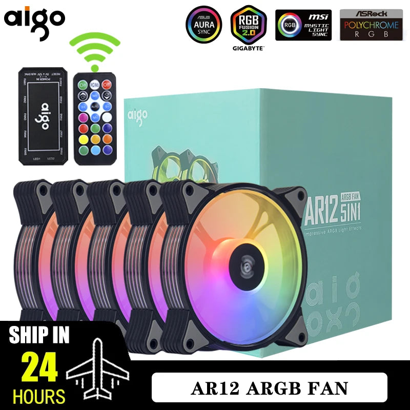 Aigo AR12 120mm PC Gamer Computer Case Fan RGB 12v Heatsink Aura Sync Cooler Argb Silent Controller Kit Fan Cooling Ventilador.