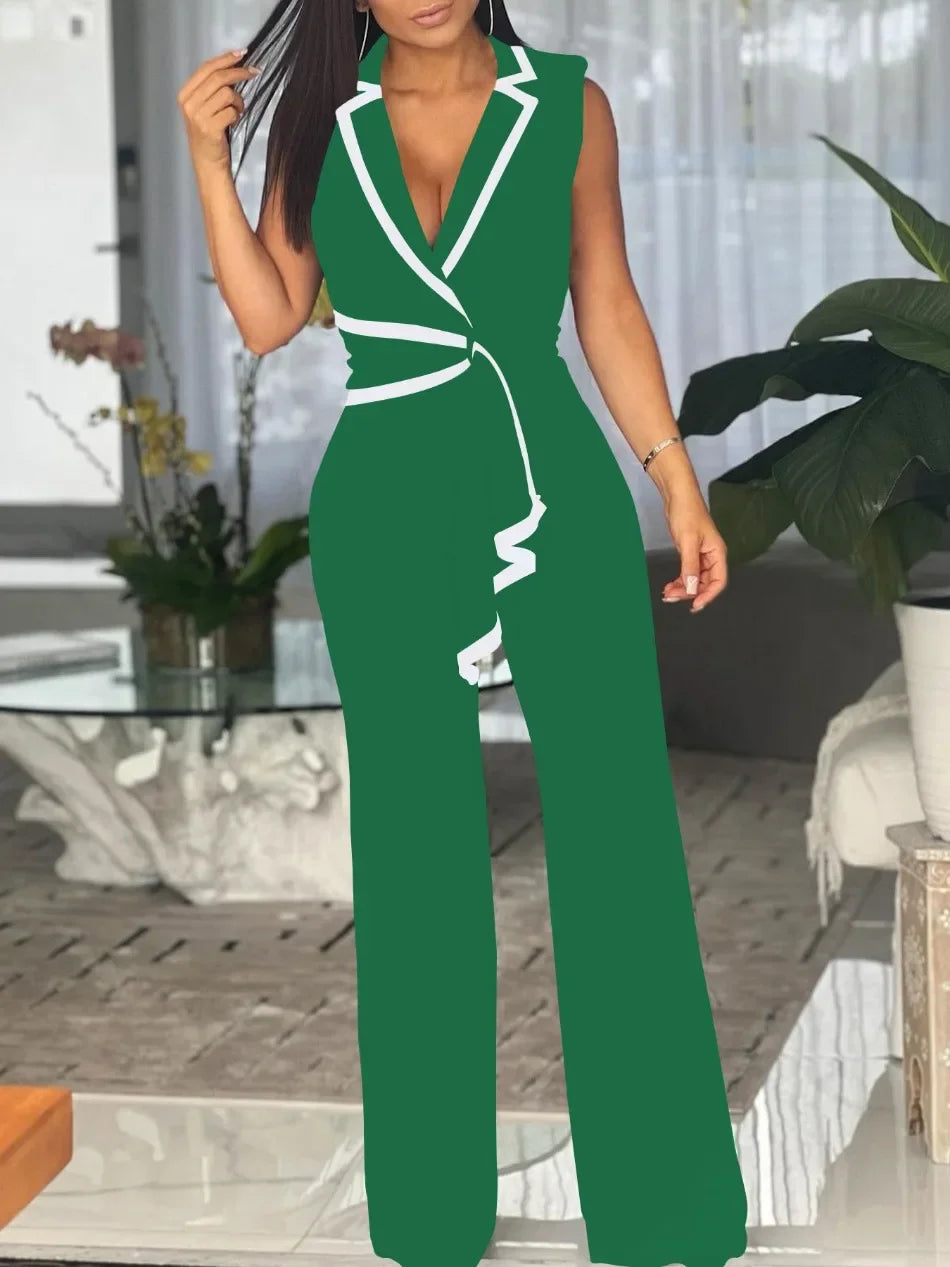 Women's Overalls Outfits Full Length New Fashion 2025 Summer V Neck Elegant Sleeveless Office Lady Jumpsuit Wide Leg Pants.