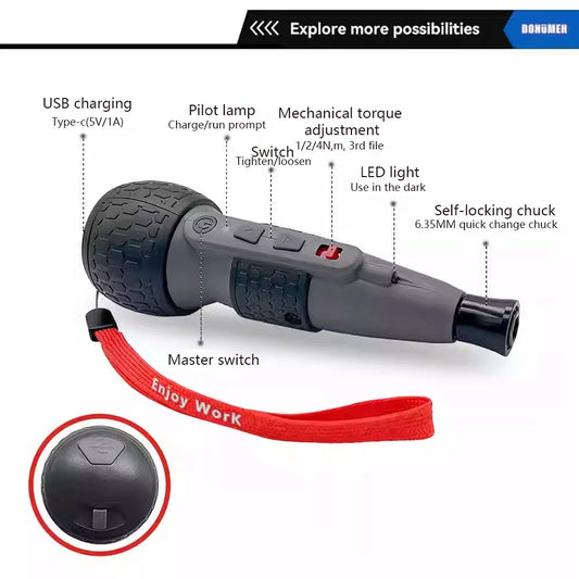 Leistungsstarker Mini-Elektroschrauber, Mini-Bohrmaschine, 3-stufiges Drehmoment, Typ C, LED-Licht, Stiftstil, Heimwartung, einfach für Anfänger