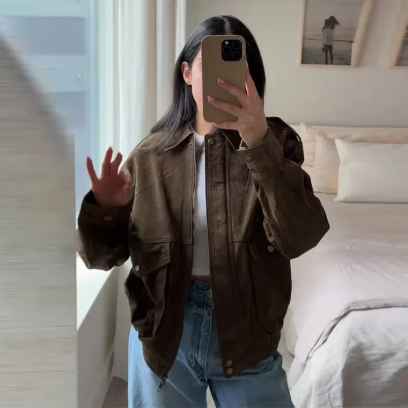 Retro-Jacke, modisch, Frühling und Herbst, lässig, lockere Tasche, langärmelig, trendig, cool, vielseitig, hochwertige Damen-Kurzjacke.