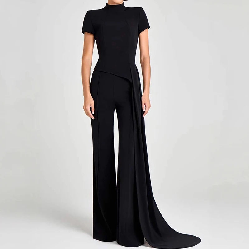Simple Solid High Waist Straight Suit Office Elegant Party Outfit Women's Stand Collar Short Sleeved Top and Pants Two Piece Set.
