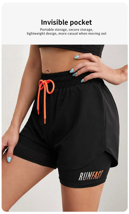 Women's High Rise Yoga Shorts With Elastic Proximity Control Running Shorts, Fake Two Pieces Pants.