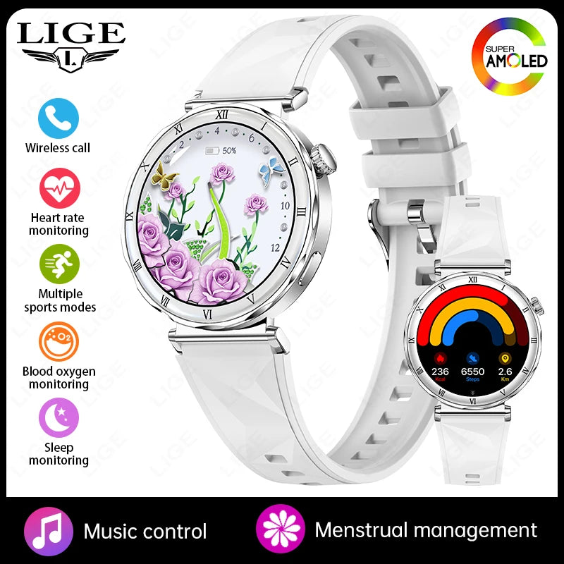 LIGE Luxury 1.19” AMOLED Screen Smart Watch Women Health Monitor Women's Wristwatch Bluetooth Call Waterproof Ladies Smartwatch