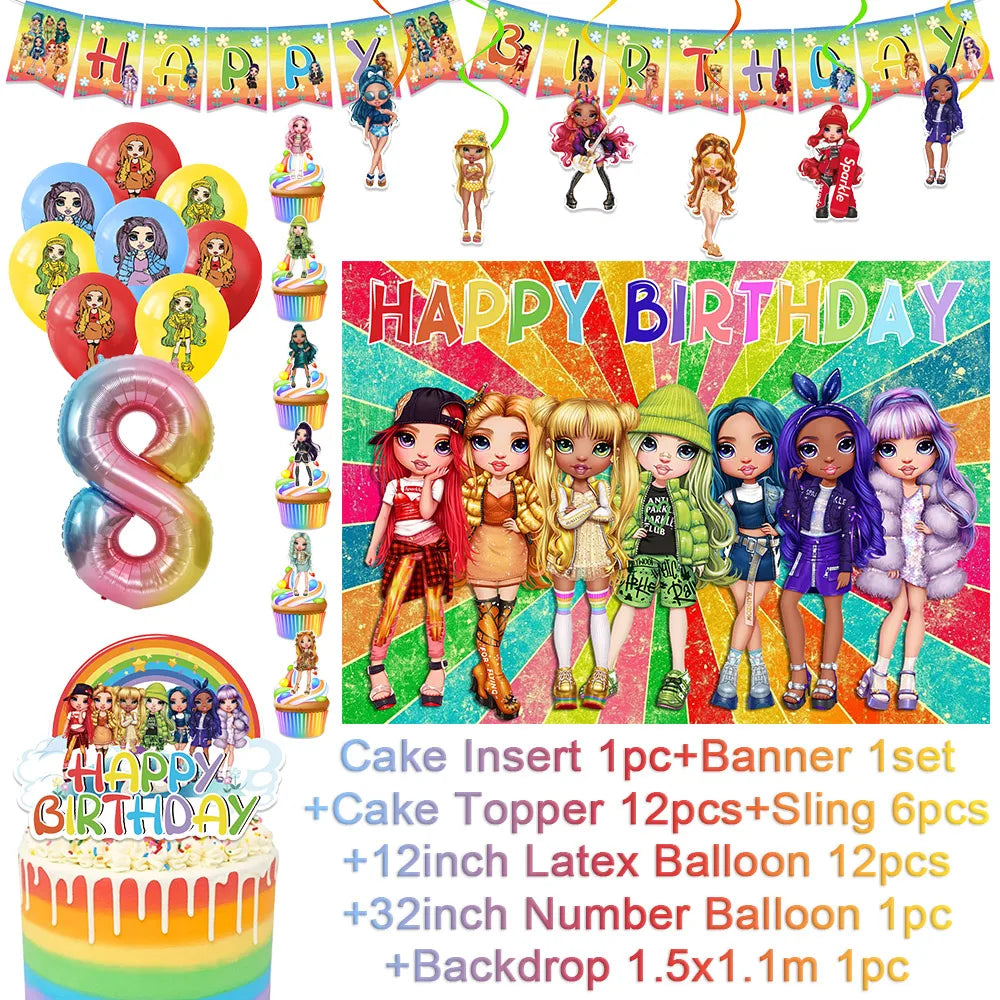 Cartoon Regenbogen Puppe High School Thema Hintergrund Geburtstag Party Dekoration Lieferungen Einweg Tasse Besteck Ballon Baby Geschenk