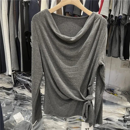 Women's Long Sleeve Striped T-Shirt Shoulder Baring Side Tie Base Shirt Versatile Autumn Fashion Design Cotton Top.