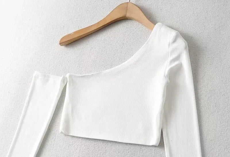 Women's One Shoulder Long Sleeved Crop Top