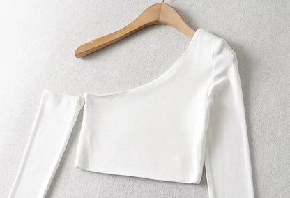 Women's One Shoulder Long Sleeved Crop Top