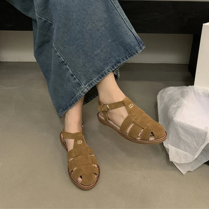 DIMANYU Women's Roman Sandals 2023 Summer New Flat Retro Real Leather Ladies Sandals Hollowed Women's Cage Shoes.