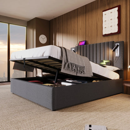 KOMHTOM Polsterbett Doppelbett, Leselicht und USB-Ladefunktion im Kopfteil, Baumwollmaterial, ohne Matratze