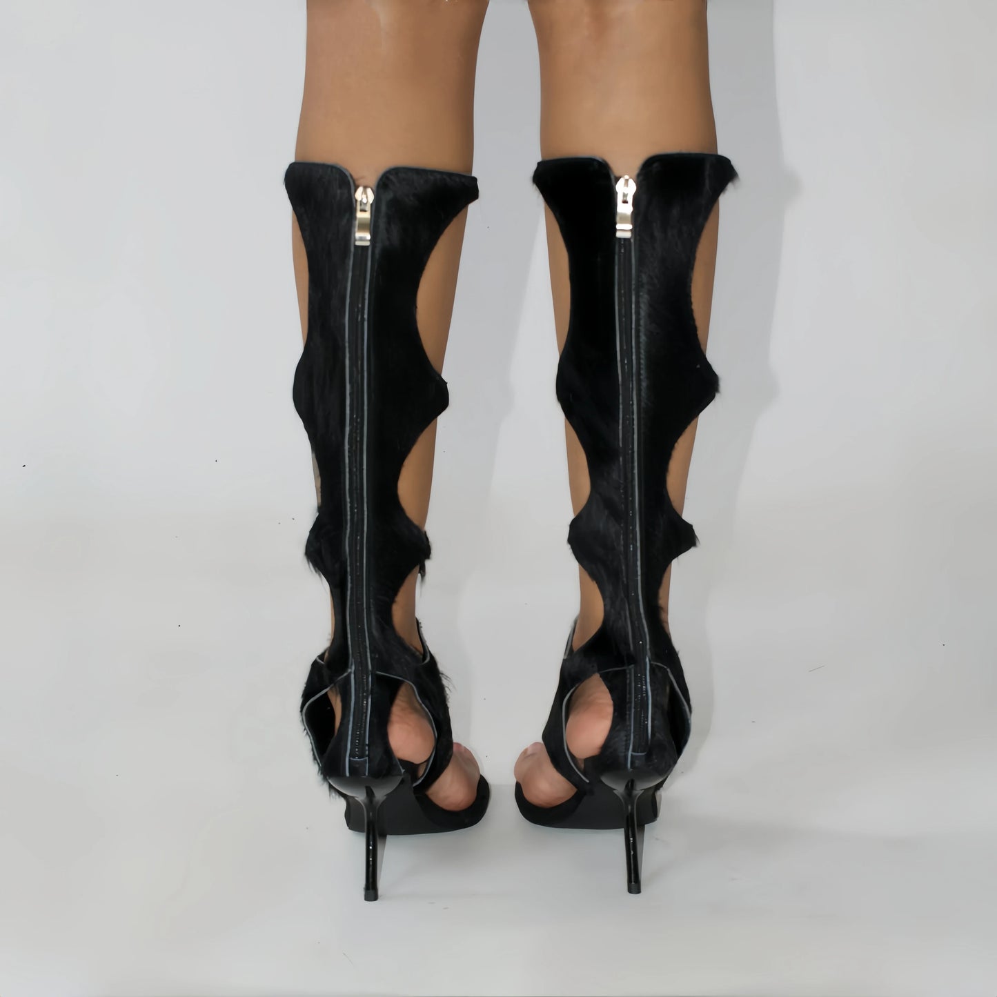 2025 New Luxury Women's Knee-High Boots | Real Horsehair Cut-Out Stiletto Heel & Rear Zipper | Evening Party Club Dress Shoes.