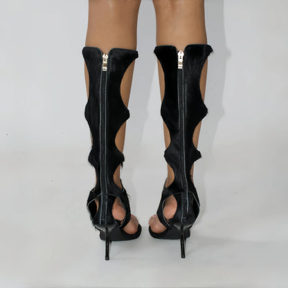 2025 New Luxury Women's Knee-High Boots | Real Horsehair Cut-Out Stiletto Heel & Rear Zipper | Evening Party Club Dress Shoes.