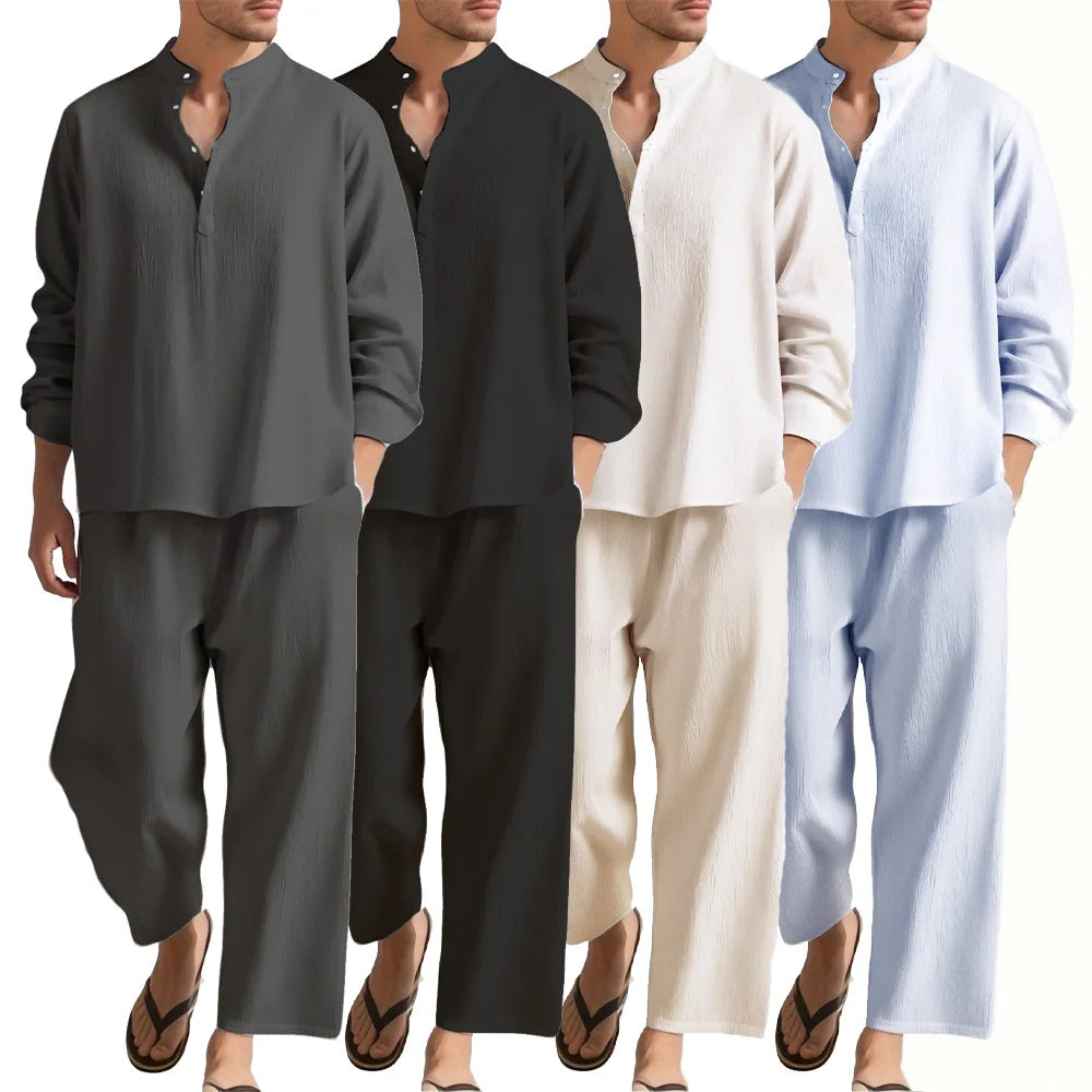 Men's Long Sleeve Shirt and Pants Suits Men Beach Wear Tracksuit Solid Color Shirts Sweatpants Hawaiian Vacation Men's Clothing.