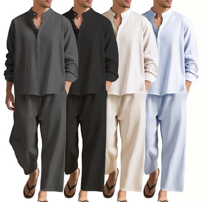 Men's Long Sleeve Shirt and Pants Suits Men Beach Wear Tracksuit Solid Color Shirts Sweatpants Hawaiian Vacation Men's Clothing.