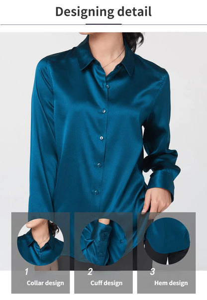 Woman Silk Shirt Long-sleeved Satin Women Blouse 19mm Mulberry Silk Blouse Loose Versatile Base Shirt 95% Natural Silk+5%Spandex.
