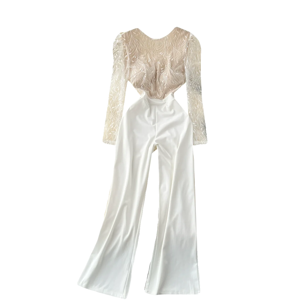 Light Luxury Elegant Women White Backless Jumpsuits Temperament O-neck Puff Long Sleeve Embroidery Female Playsuits.
