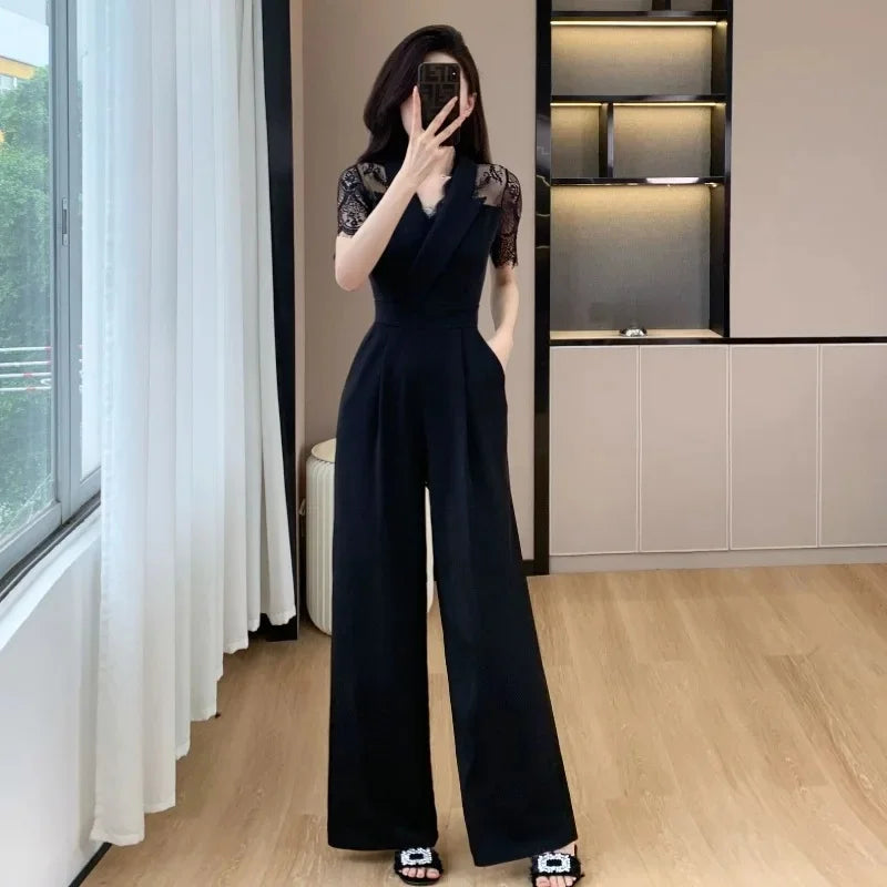 LYX High-Cold Lady Style Romper Women Summer Short Sleeve High Waist Lace Splicing Hollow out One-Piece Straight Leg Pants