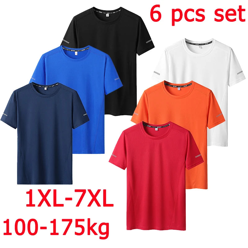 6pcs Men T-shirt Tracksuit Sets Plus Size 5XL/6XL/7XL 90-175kg Quick Dry Round Neck Short Sleeve Sportwear Big Size Men Clothing.
