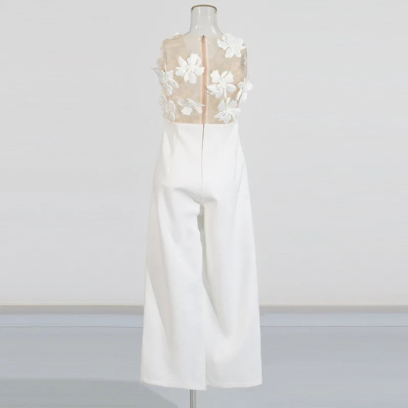 ZMEENNA Elegant White Floral Applique Jumpsuit For Women Sleeveless Wide Leg Romper With Sheer Mesh Top Perfect ZM726.