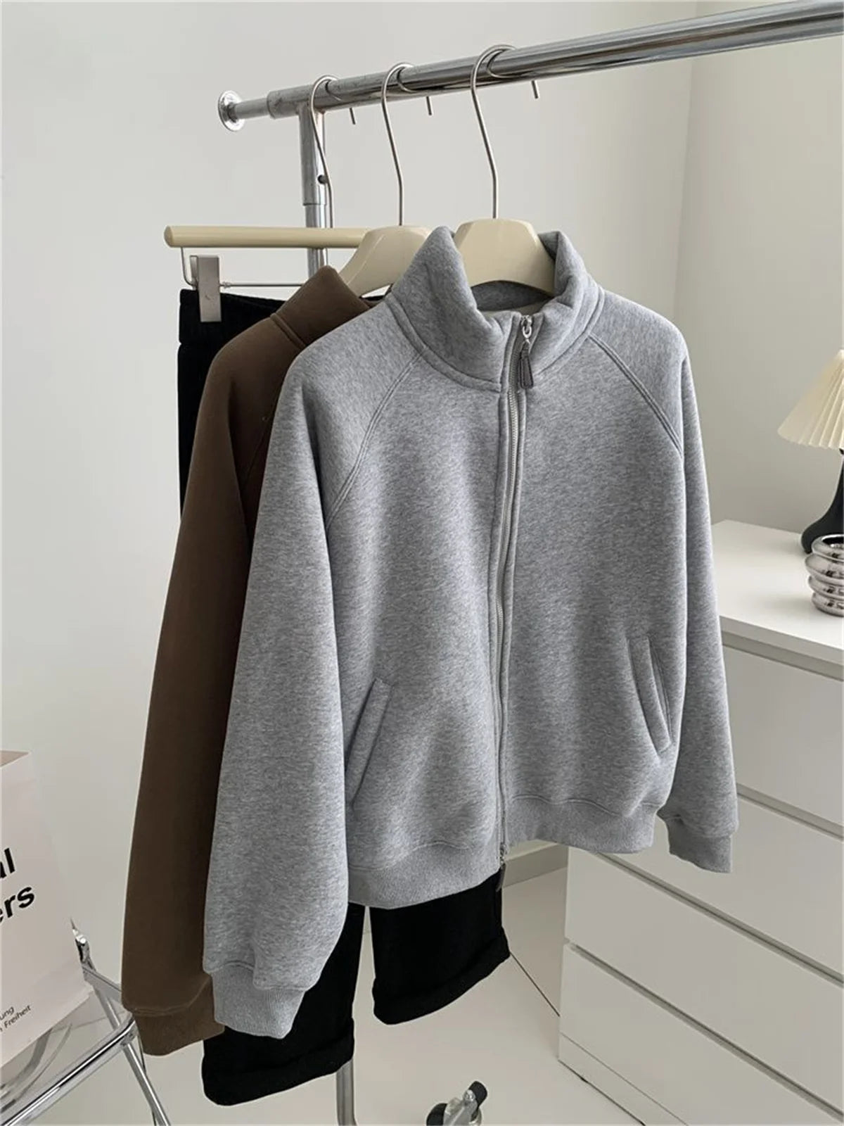 Women Autumn Winter Sweatshirt Coat Zip Up Solid Long Sleeve Stand Neck Jacket Lady Fashion Casual Street Vintage Coats Outwear.