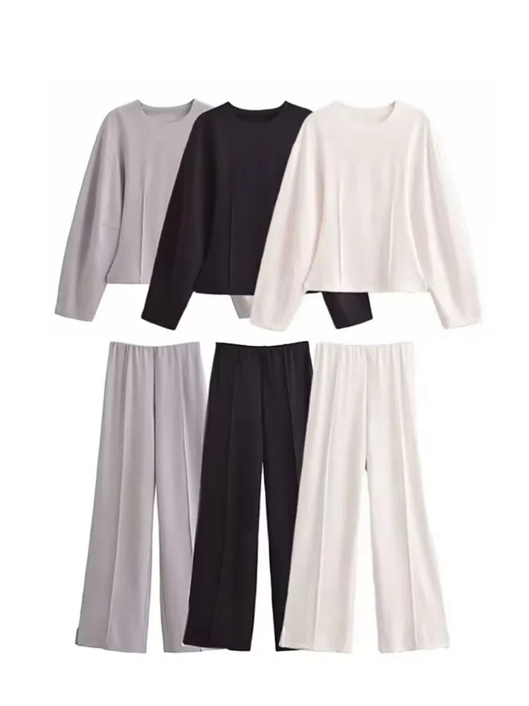 HH Women's 2-Piece Set Fashion Slimming Double-Sided Fabric Round Neck Long-Sleeve Top+Elegant Stretch Casual Wide Leg Pants.