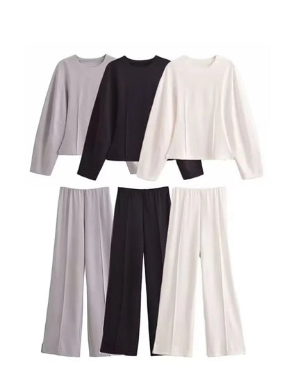 HH Women's 2-Piece Set Fashion Slimming Double-Sided Fabric Round Neck Long-Sleeve Top+Elegant Stretch Casual Wide Leg Pants.
