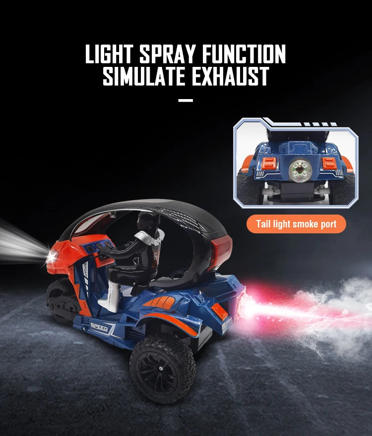 Electric RC Motorcycle Car Spray RC Stunt Toys Remote Control Drift Stunt Three Wheel Motorcycle with LED Lights for Kids Gifts.
