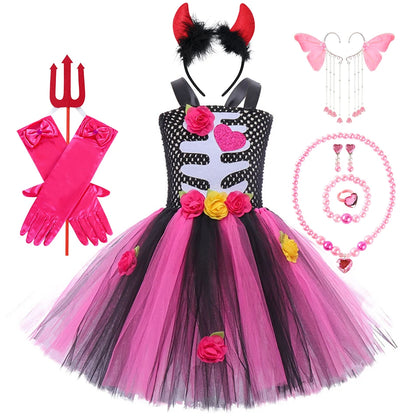 Halloween Kinder Kleid Cosplay Herz druck Skelett Kostüme Mädchen Blumen Schädel Tutu Kleidung Kinder Karneval Leistung Outfits