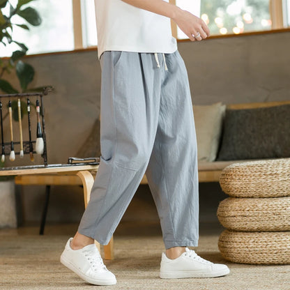 Men's Trousers Cotton Linen Fashion Casual Pants Solid Color Breathable Loose Shorts Straight Drawstring Pants Streetwear Men.