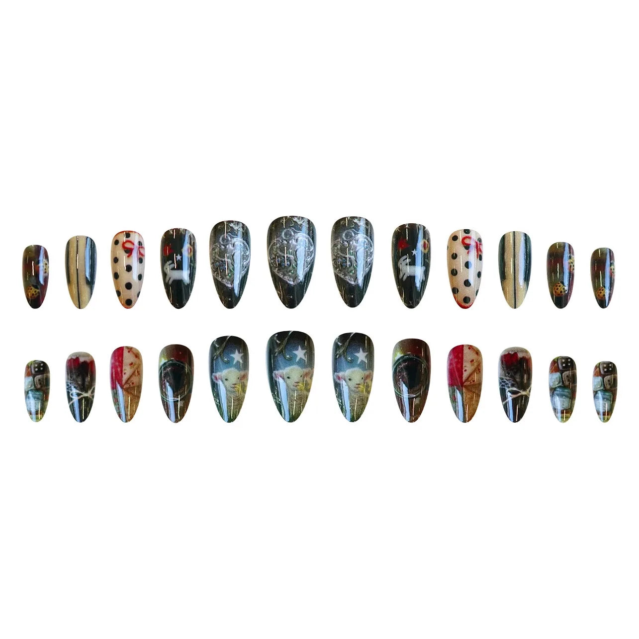 24pcs Vintage Country Style False Nails Cute Cartoon Little Lamb Rabbit Rose Printed Press On Nails Wave Point Bows Fake Nail.