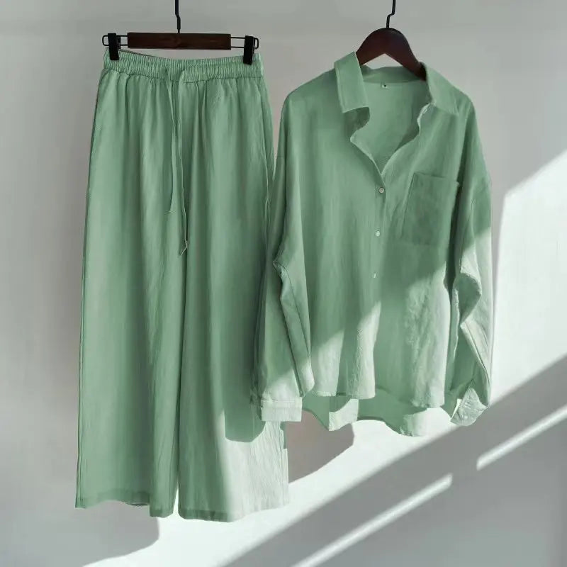 Pants Set Women Shirts Wide Leg Elastic Waist Cotton Linen Casual Sets Elegant Loose Long Sleeve Lapel Spring Shirt Y2k Suit