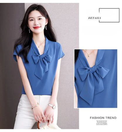 Bow Tie Blouse Shirt for Women OL Elegant Blouses Satin Womens Tops Silk Female Clothing 2023 Korean Fashion Short Sleeve Blouse.