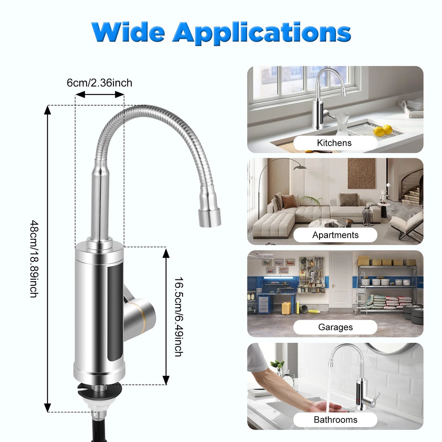 3000W Electric Hot Water Faucet 360° Rotating Stainless Steel Kitchen Faucet Instant Heating Led Digital Display