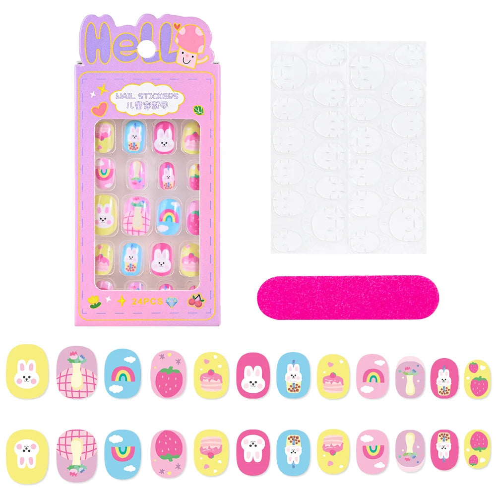 24Pcs/box Kids nails for Girl Cartoon Pattern False Nail Cute Child Fake Nails Tips Kawaii Acrylic Artificial Press on Nail+Tool
