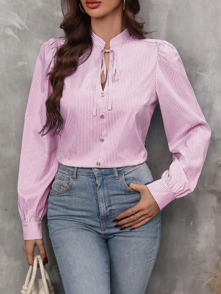 Women V-Neck Button Down Long Sleeve Top Solid Color Striped Shirt Office Lady Work Clothes.