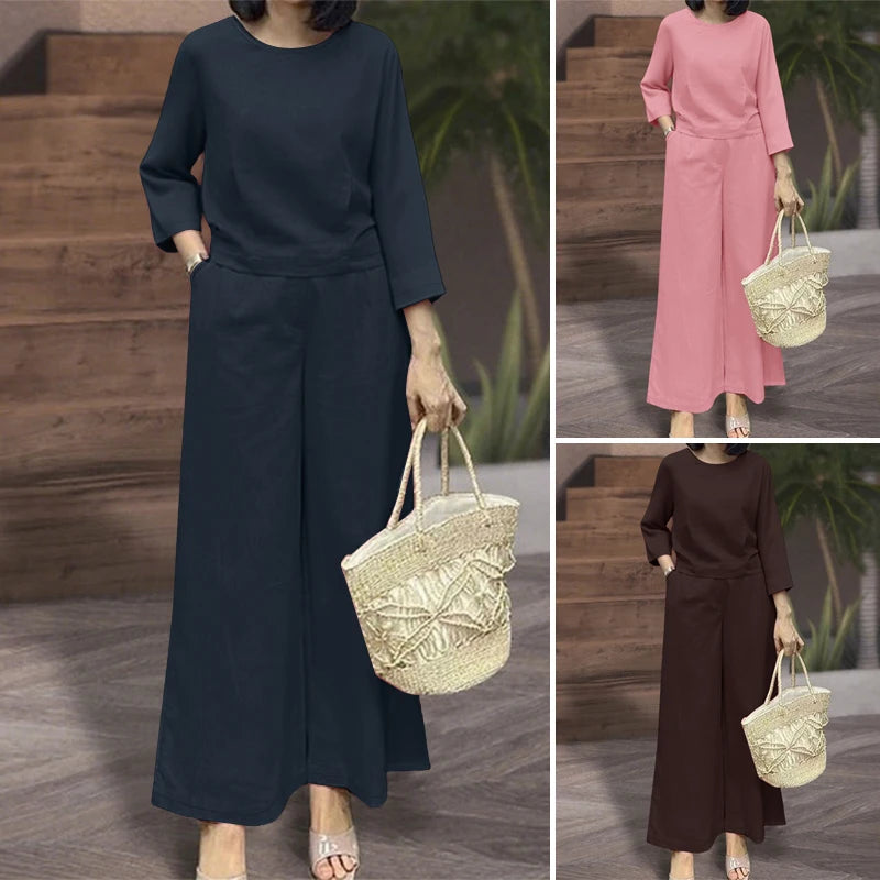 ZANZEA 2025 Women Autumn Matching Sets Solid Outfits Vintage Casual O Neck Long Sleeve Tops Pant Sets Fashion OL Work Tracksuit.