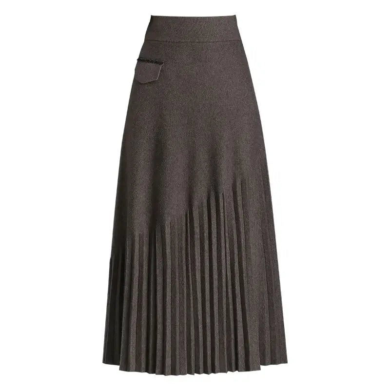 Temperament Autumn Winter New Skirts Women Solid High Waist Pleated Fashion Office Lady A-line Mid-length Knitting Pleated Skirt.