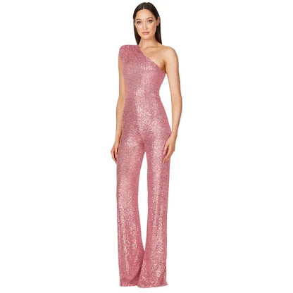 Women Elegant Long Jumpsuits Sexy Glitter Sequin Club Ladies Playsuits Slanted Collar Party Fashion Backless Solid Romper 2024