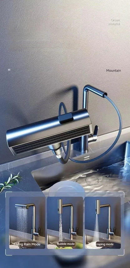 Black/Gray/Silver Pull-Out Kitchen Faucet Three Water Stream Sprayer Stainless Steel Hot and Cold Water Mixing Faucet Countertop