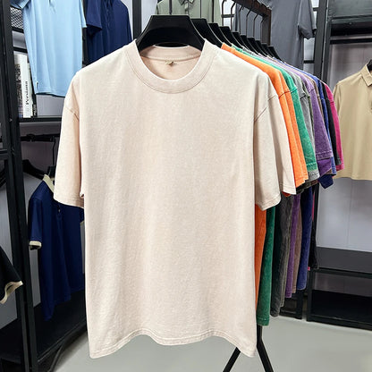 Personality washed vintage short sleeve T-shirt high-end 100% pure cotton men fashion round neck comfort lightweight casual top.