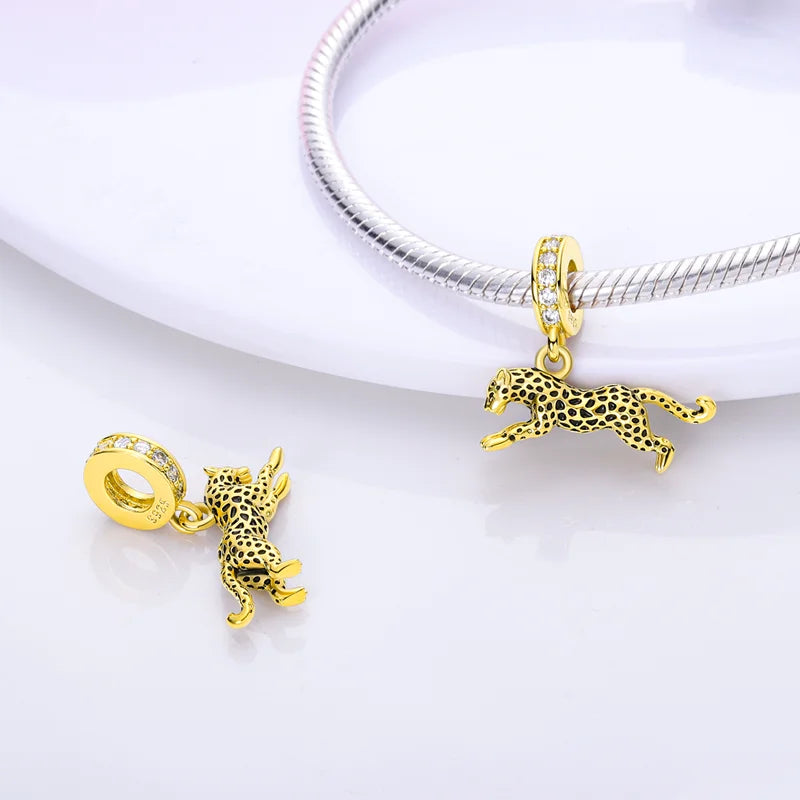 Gold Series DIY Charms Bead Original 925 Sterling Silver Inlaid Zirconium Sun Leopard Pendants Fit Bracelet Jewelry Gift Marking.