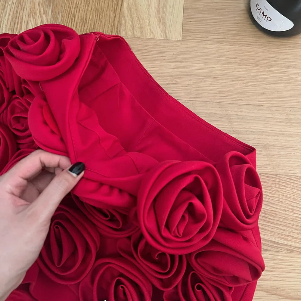 Three-dimensional decoration floral shorts y2k High street Red High waist mini skirt shorts Design Sexy  Women Clothing ﻿.