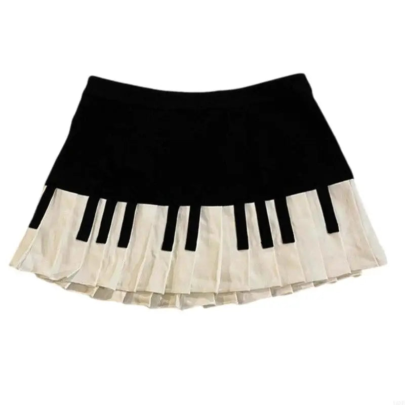 Y3NE Women Schoolgirl High Waist Pleated Flared Vintage Piano Print A Line Mini Skirt.
