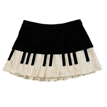 Y3NE Women Schoolgirl High Waist Pleated Flared Vintage Piano Print A Line Mini Skirt.