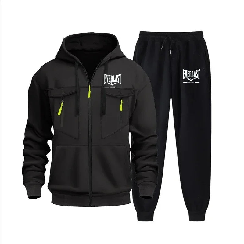 Autumn and winter new men's sweatshirt sport set, fashionable windproof and warm men's zipper hoodie and pants 2-piece set.