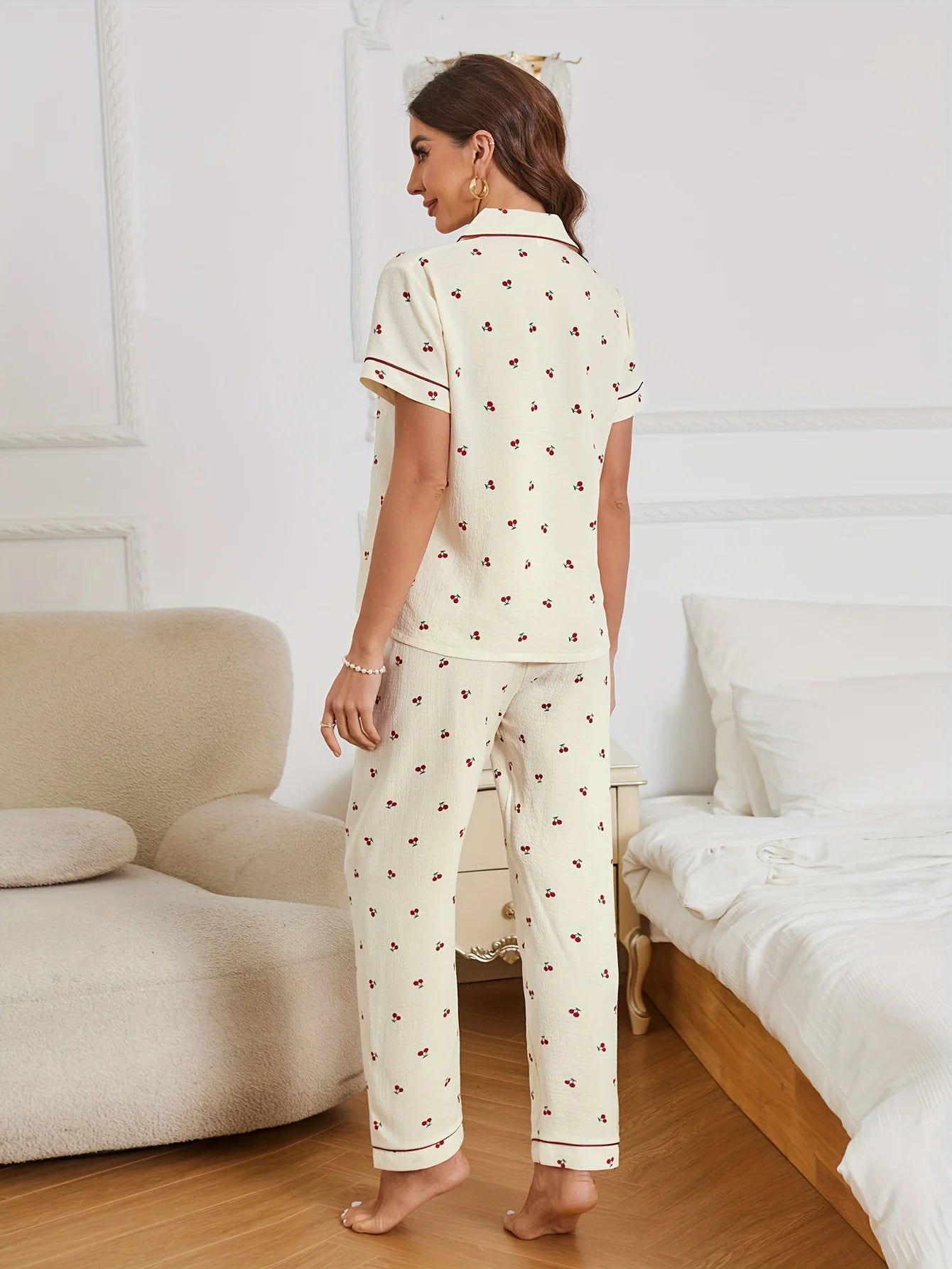 Cherry Print Textured Pajama Set Casual Short Sleeve Buttons Lapel Top & Elastic Pants Women's Sleepwear.