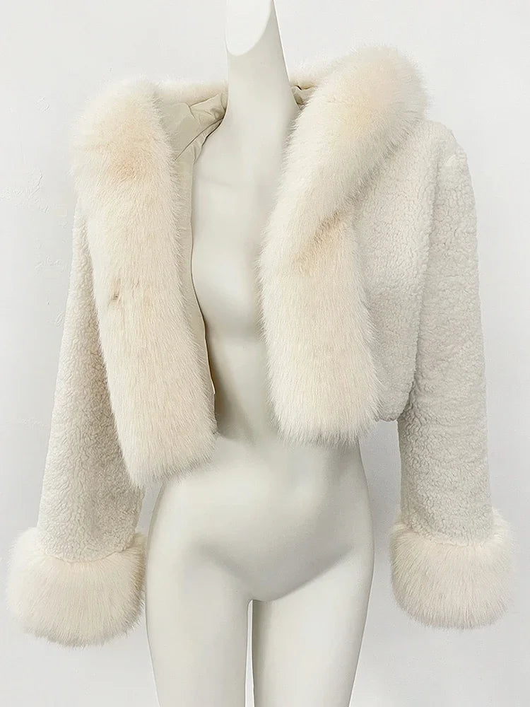 OFTBUY Lammwolle Weibliche Herbst Warme Dicke Faux Pelz Jacke Künstliche Winter Kleidung Frauen Mit Kapuze Kurze Pelzmantel Umweltfreundliche.