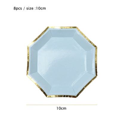 Gold Blue Party Disposable Tableware Paper Straw Cups Plates Napkins Baby Shower Favors Birthday Wedding Decor Party Supplies.