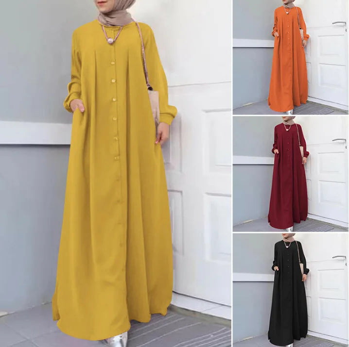2025Spring Autumn Maxi Long Dress Women Muslim Long Sleeve Dress Loose Casual Dresses Vintage Hijab Islamic Clothing Caftan Robe.