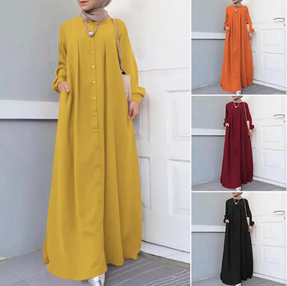 2025Spring Autumn Maxi Long Dress Women Muslim Long Sleeve Dress Loose Casual Dresses Vintage Hijab Islamic Clothing Caftan Robe.