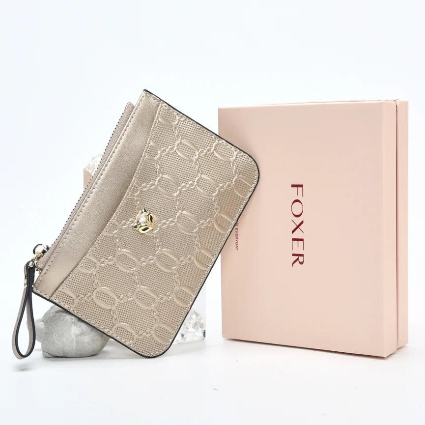 FOXER Split Leather Women's Card Holder Wallet Fashion Anti-theft Thin Wallet Mini Clutch Bag Ladies Short Coin Wallet Purse